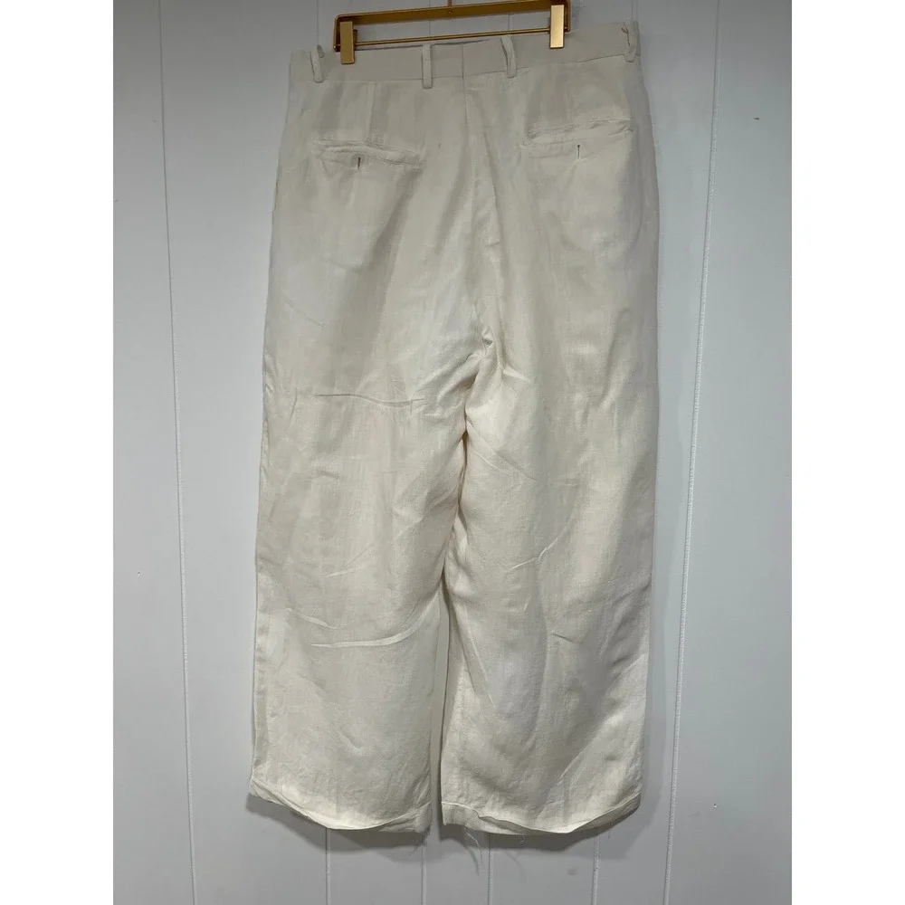 Leurenier Mens 100% Linen Pleated Trousers Off White Cream Wide Leg Pants Sz 36